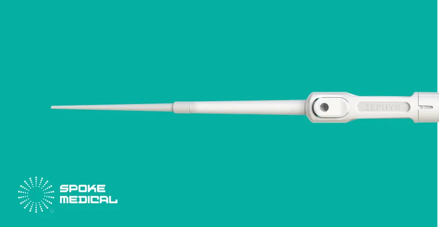 Side profile of the Zephyr handpiece with its long, fine suction tip extended