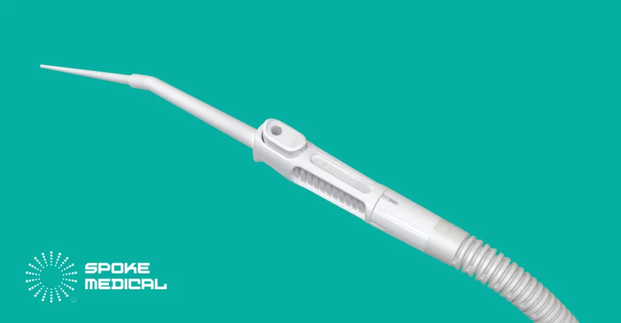Three-quarter view of the Zephyr device, straight suction tip and flexible tubing