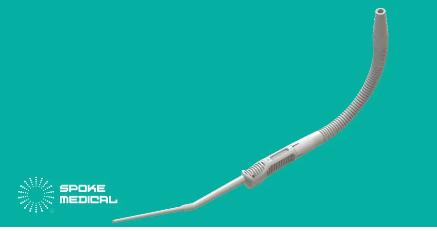 Zephyr's flexible suction assembly curved into an arc, tubing connector uppermost
